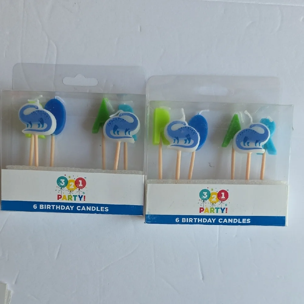 3-2-1 Party! Dinosaur Birthday Banner & Cake Candles Set - Green & Blue
